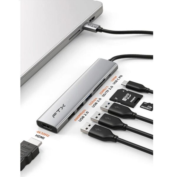 FTX HUB FTX-HBP2-AG7 USB-C 3.0/7 EN 1  4K/5GBPS/HDMI/USB/SD-TF GRIS