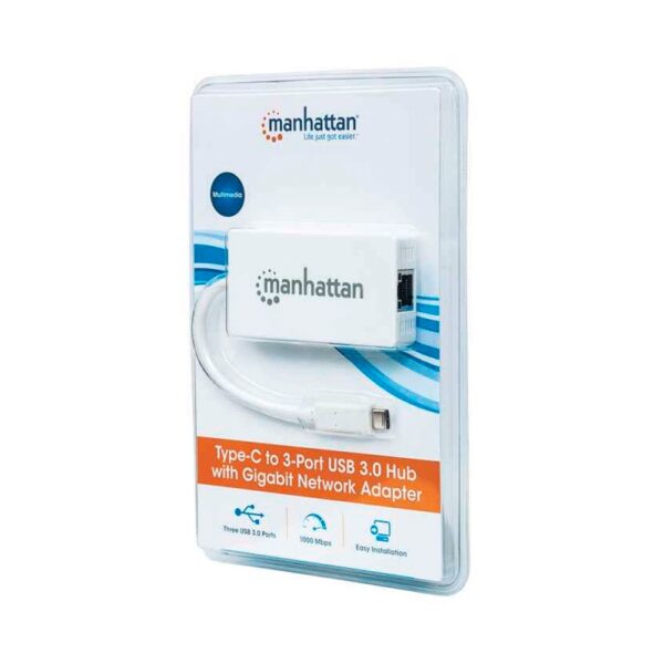 HUB USB-C 3.0 + RED MANHATTAN 507608 3 PUERTOS/5 GBPS/GIGABIT BLANCO